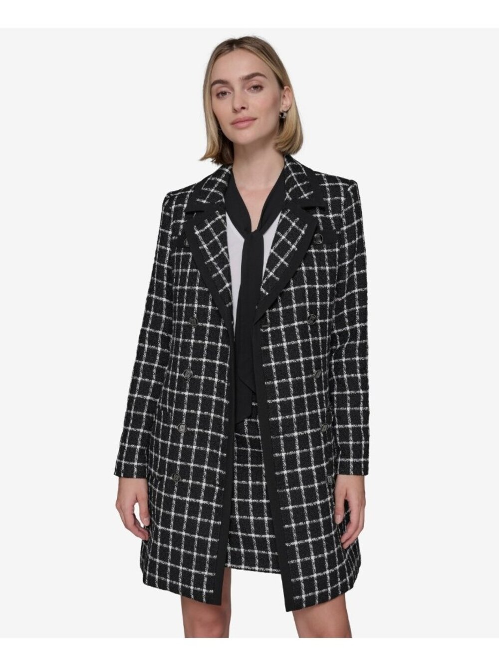KARL LAGERFELD Shoulder pads Women's Windowpane Topper Jacket Black Size 4 $179